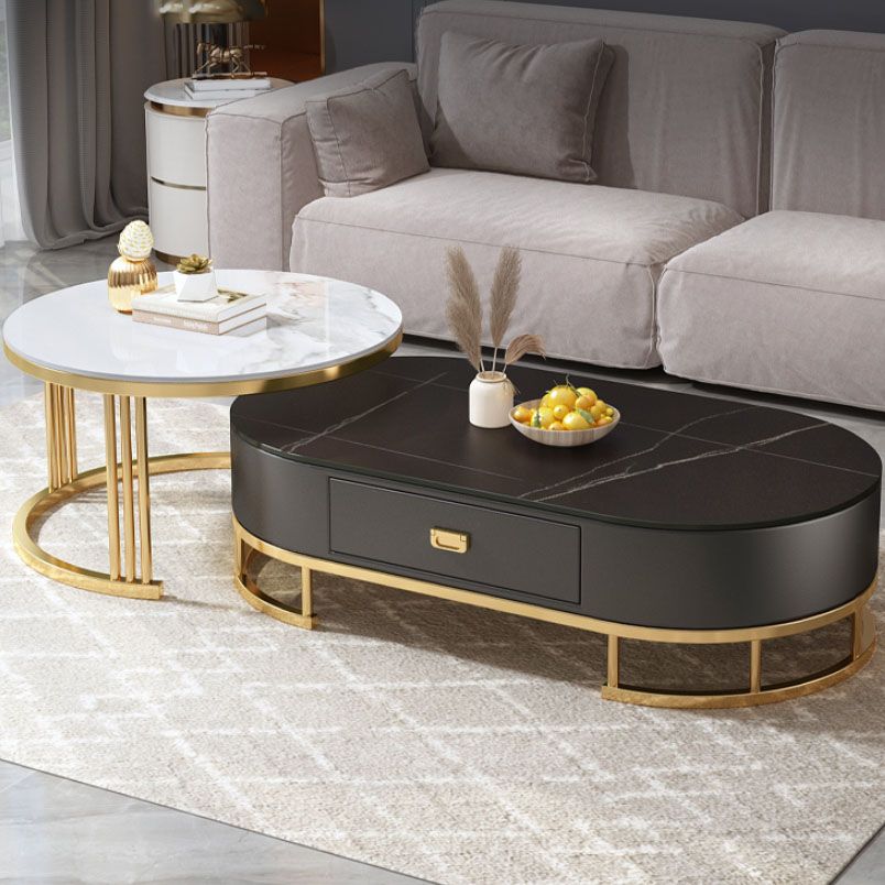 Glam Coffee Table Oval Nesting Nesting Coffee Table with Drawer Slate Cocktail Table