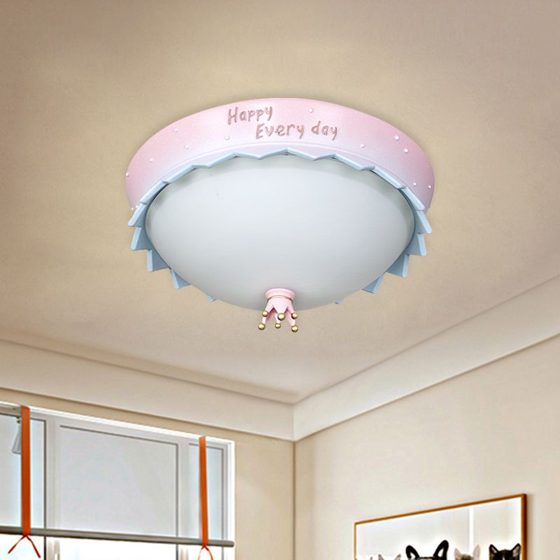 Pink Scalloped Edge Dome LED Flush Mount Cartoon Resin Close to Ceiling Light with Frosted White Glass Shade