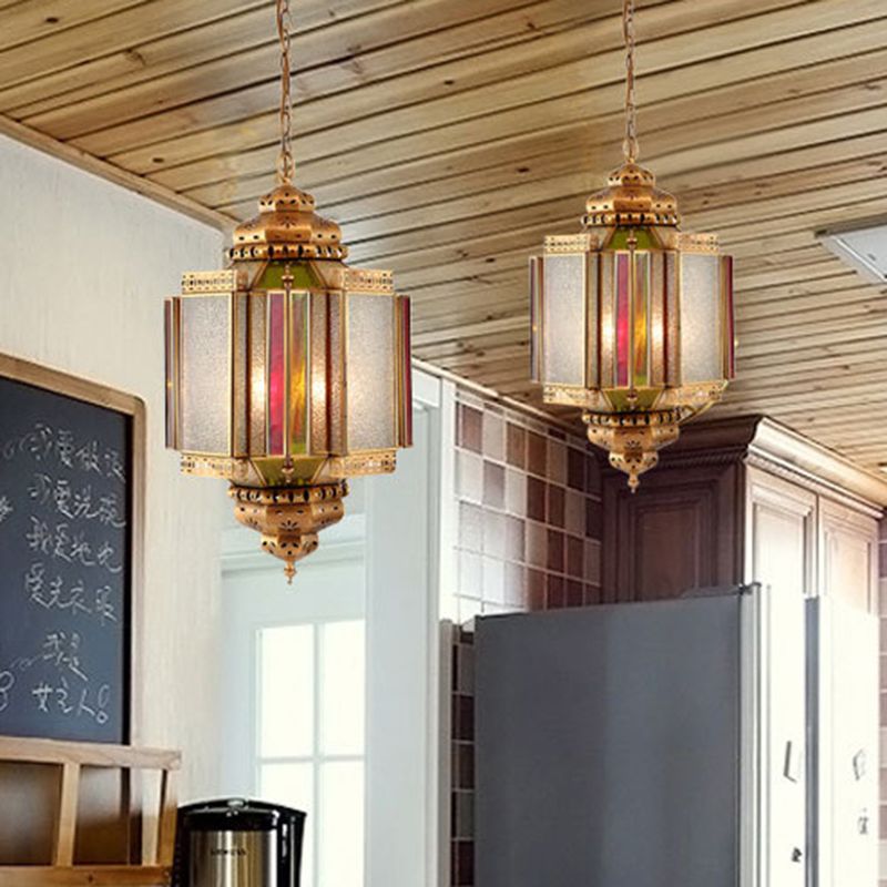 Lampadino a 4 luci lampadario classico veranda lampada appesa con tonalità in vetro glassata lanterna in ottone