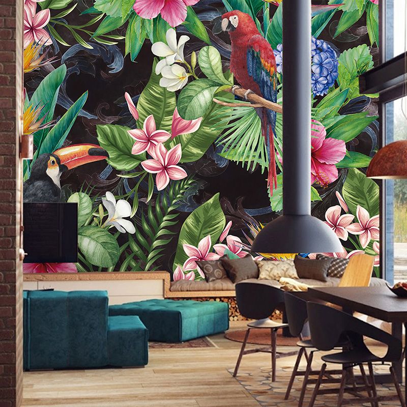 Modern Blossoms and Bird Mural in Green and Red Guest Room Wall Art, Custom-Made