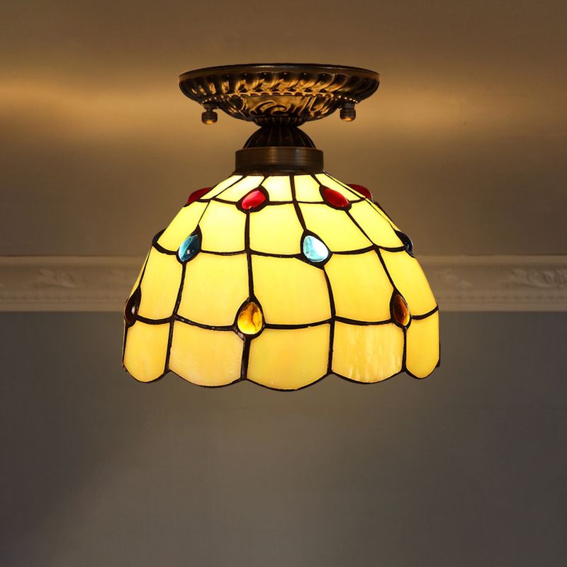 Decorative Dome Shade Semi Flush Mount 1-Light Stained Glass Ceiling Mounted Light