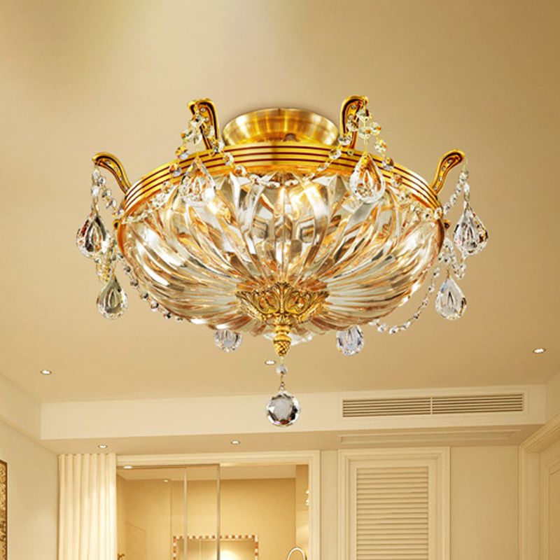 Dome Clear Glass Semi Flush Light Modernist 5 Lights Gold Flush Mount Ceiling Light Fixture with Crystal Draping