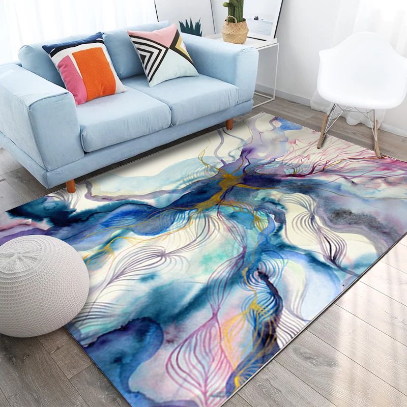 Tapis décoratif abstrait aquarelle violet et bleu, moderne, en polypropylène, lavable, résistant aux taches, avec envers antidérapant pour la maison