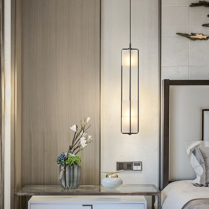 Frosted White Glass Box Pendant Lamp Modern 2-Light Black Island Lighting with Cage