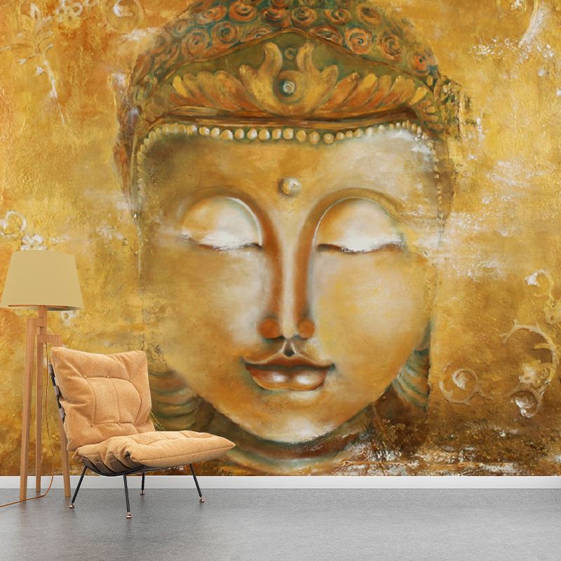 Extra Large Illustration Traditional Mural Wallpaper for Accent Wall with Buddhist Statue Design in Brown