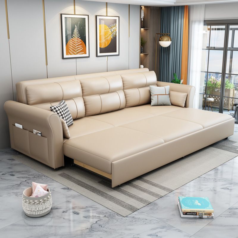 Scandinavian Beige Sleeper Sofa in Bonded Leather with Storage