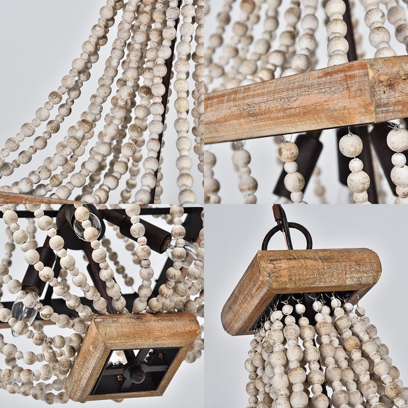 Empire Shape Living Room Chandelier Traditional Wooden Strand 4 Lights Dark Wood Hanging Lamp