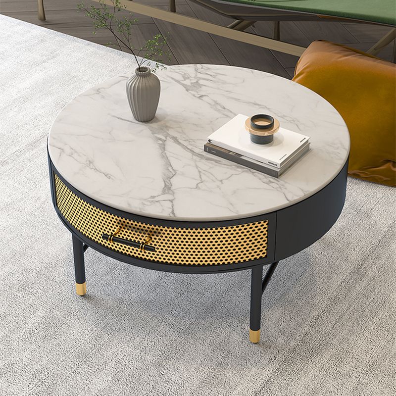 Glam 17.7" H Round Slate Coffee Table Iron 4 Legs Cocktail Table with Drawer