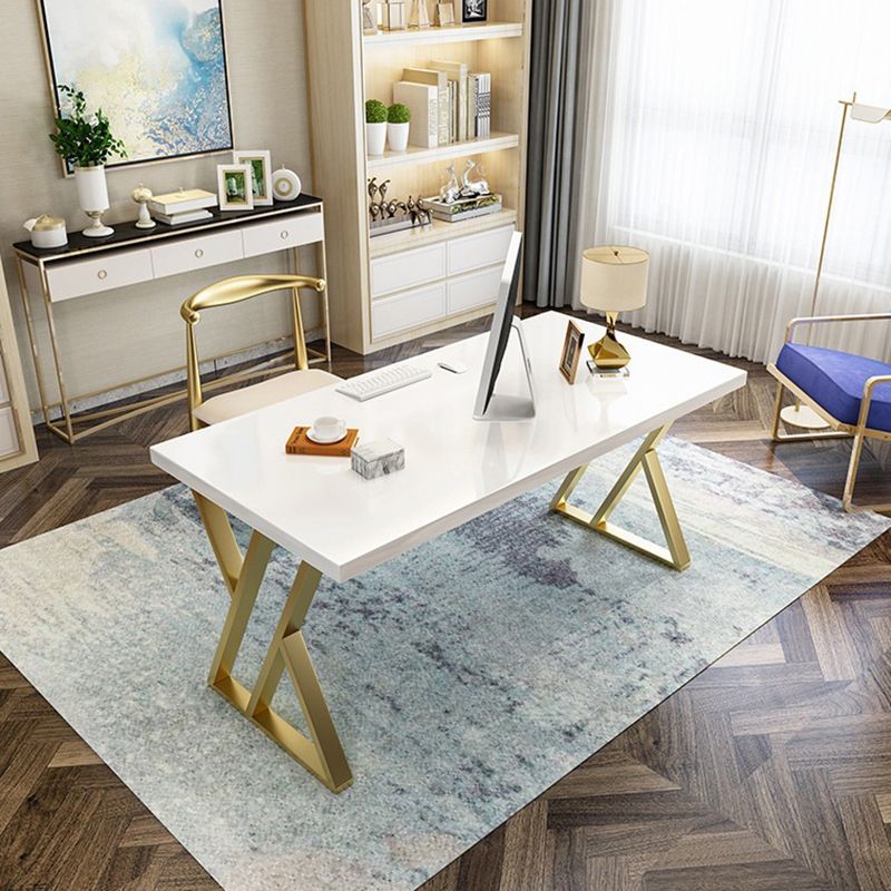 Solid Wood Writing Desk White and Gold Office Desk Pine Trestle