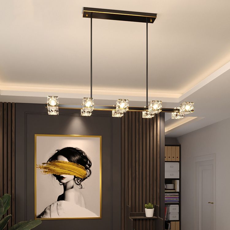 Modern Island Pendant Lamps Multi-Head Restaurant Hanging Light with Cube Crystal Shade