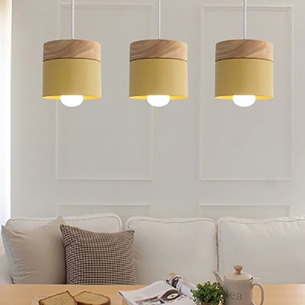 Wooden Cylindrical Hanging Lamp in Modern Creative Style Lacquered Iron Macaron Pendant Light