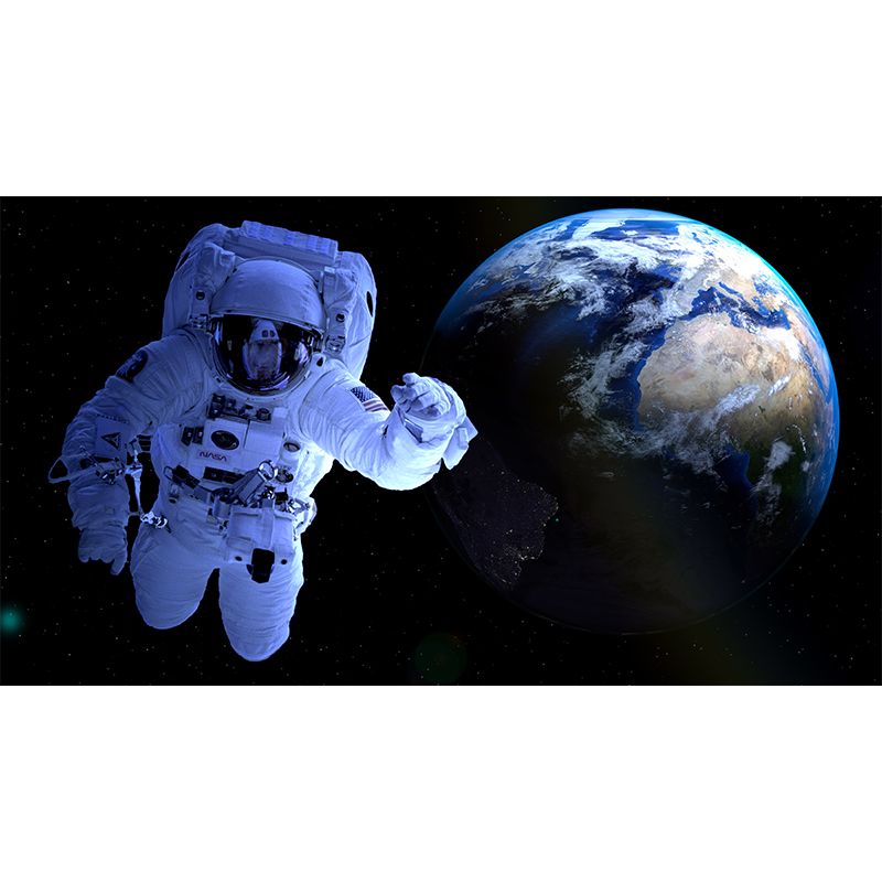 Blue Fictional Wall Mural Huge Astronaut and Earth Wall Covering for Living Room