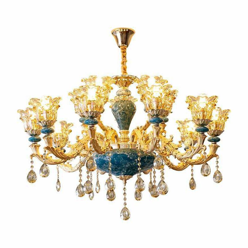 Luxe traditionele bloem omhoog kroonluchter helder glazen ophanging licht in blauw met kristallen druppels