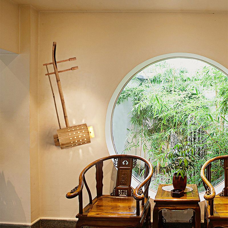 1 Bulb Tearoom Sconce Lamp Asian Wood Wall Light Fixture with Erhu Bamboo Shade