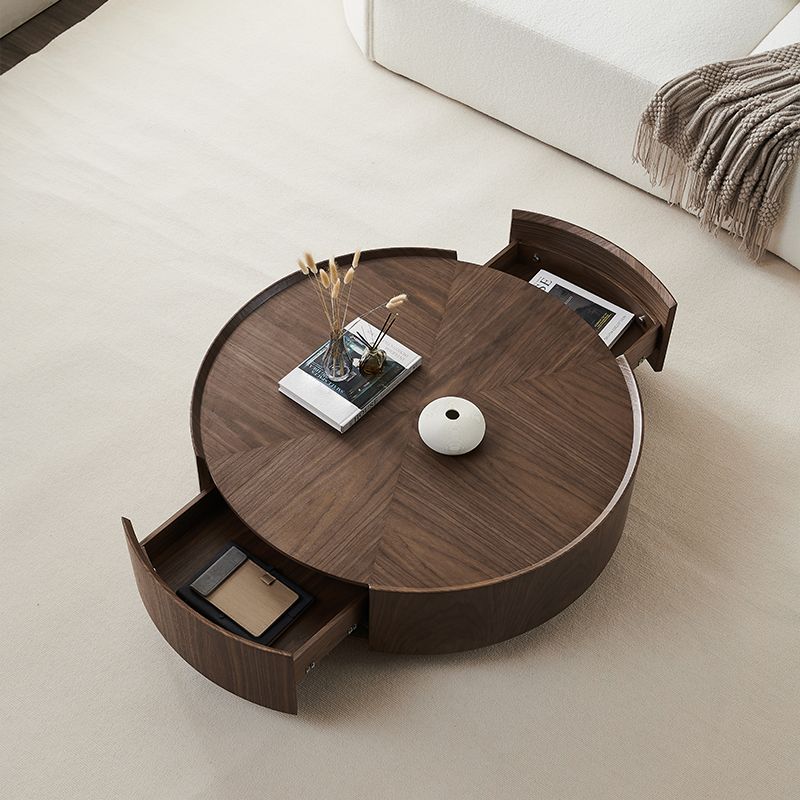 Round Wood Cocktail Table Set with 2 Drawers Modern Walnut Coffee Table