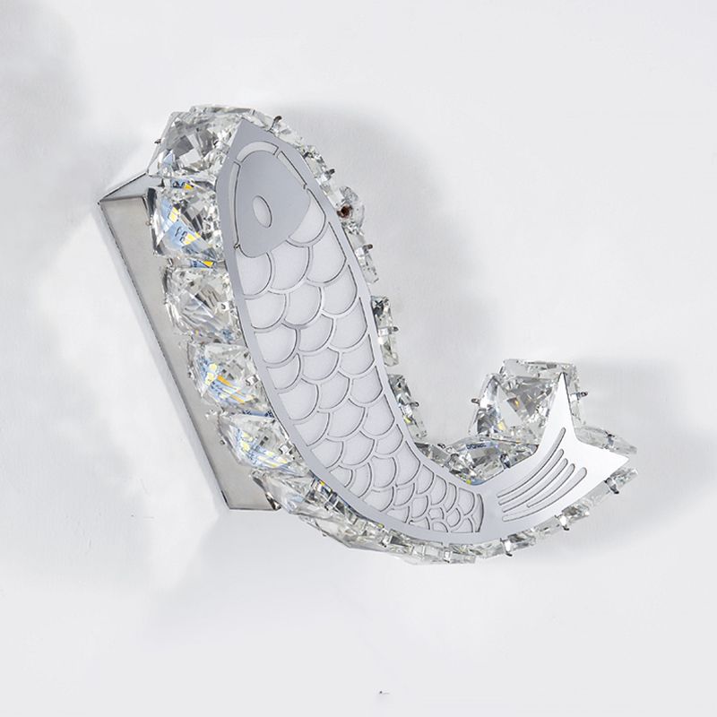 LED Bedside Wall Mounted Lamp Contemporary Chrome Wall Sconce with Carp Crystal Block Shade