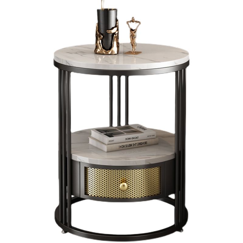 Contemporary Slate Top Round Side End Table Frame End Table with Drawer
