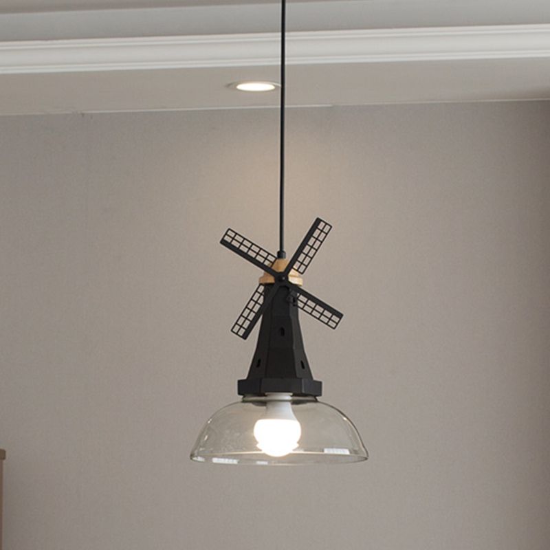 Windmill Ceiling Lighting Designer 1 Head Iron White/Black Hanging Lamp Fixture with Bowl Clear Glass Shade