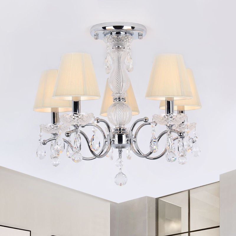 Cone Semi Flush Lamp Modernism 5-Head Crystal Ceiling Light Fixture in Nickle with Fabric Shade and Swirled Arm