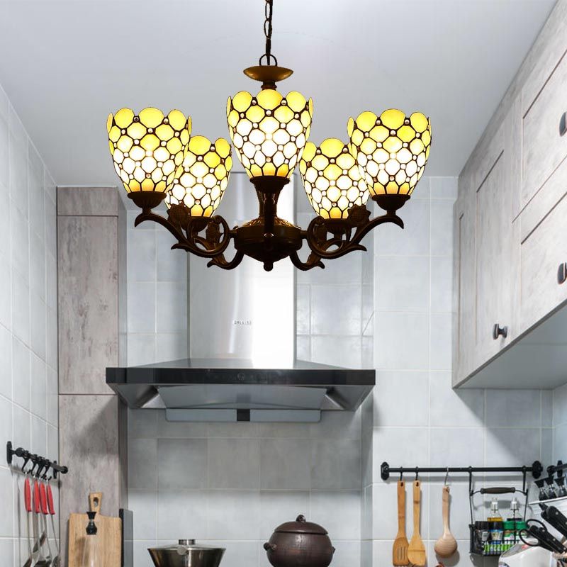 Tiffany bijou du lustre de lustre 5 lumières lampe de suspension en verre beige en noir