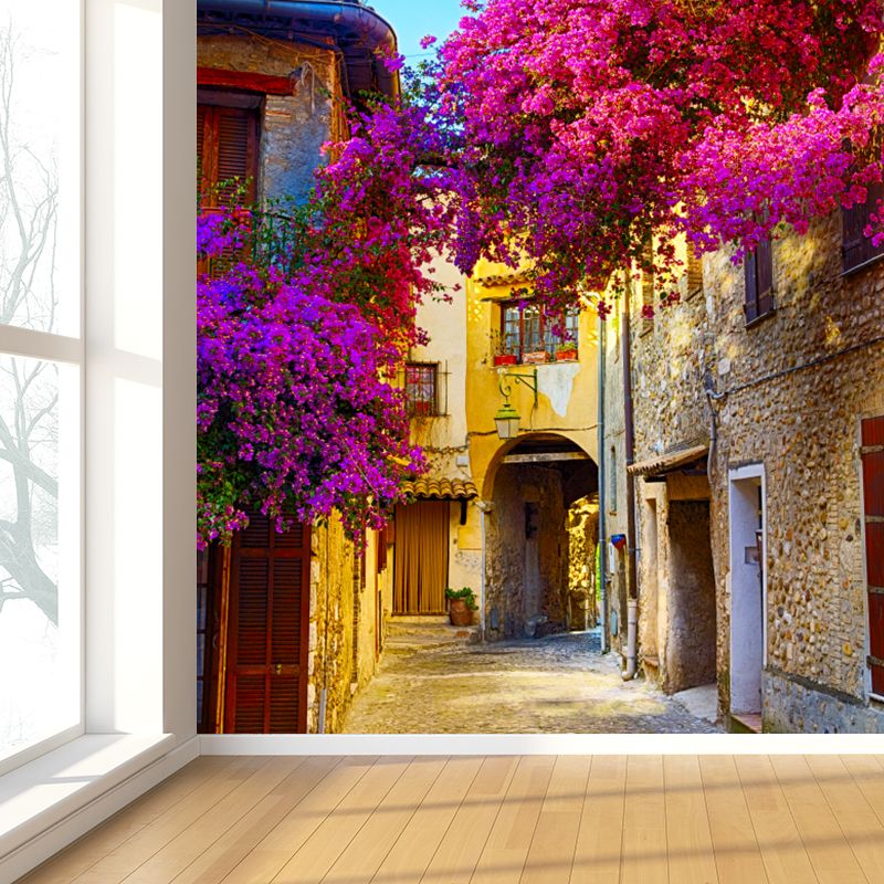 Yellow Flower and Town Mural Wallpaper Buildings Modern Washable Wall Covering for Kitchen