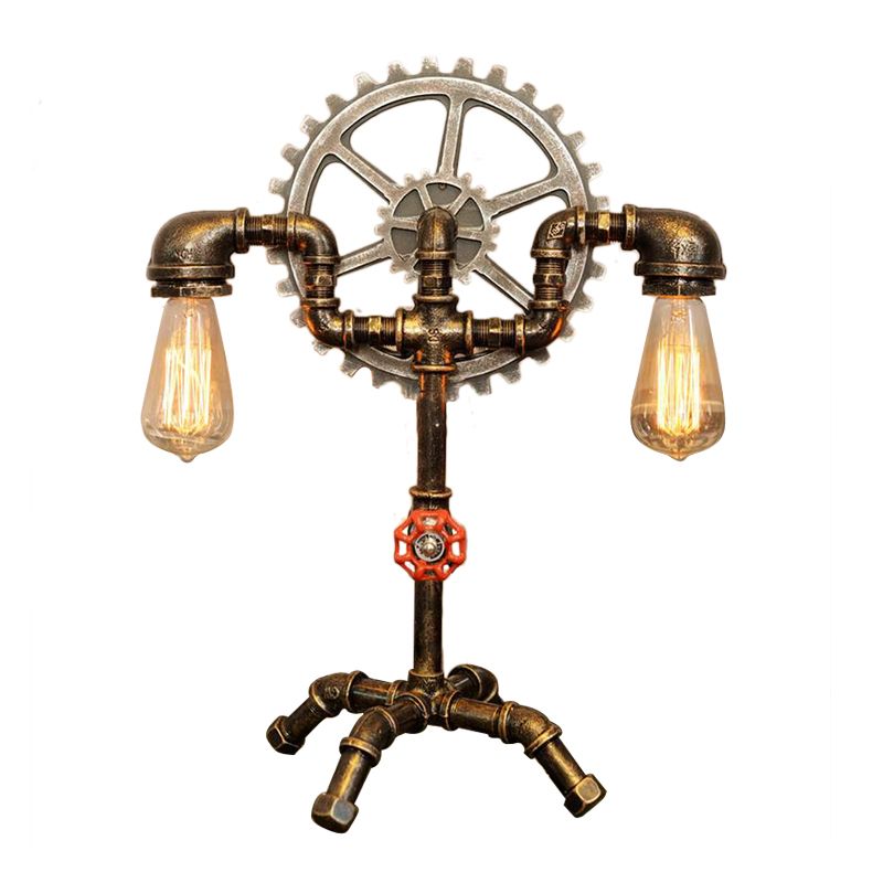 2 Lights Table Lighting with Water Pipe and Gear Wrought Iron Bedroom Standing Light in Antique Brass