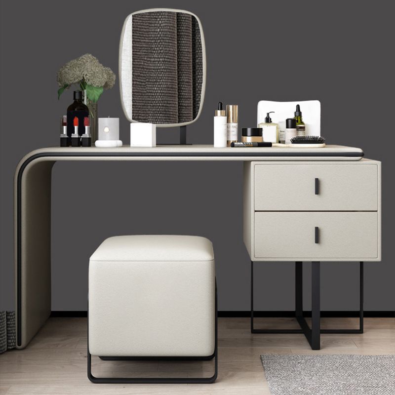 Vanity Mirrored Faux Leather Makeup Dressing Table Stool Set, 28.74"