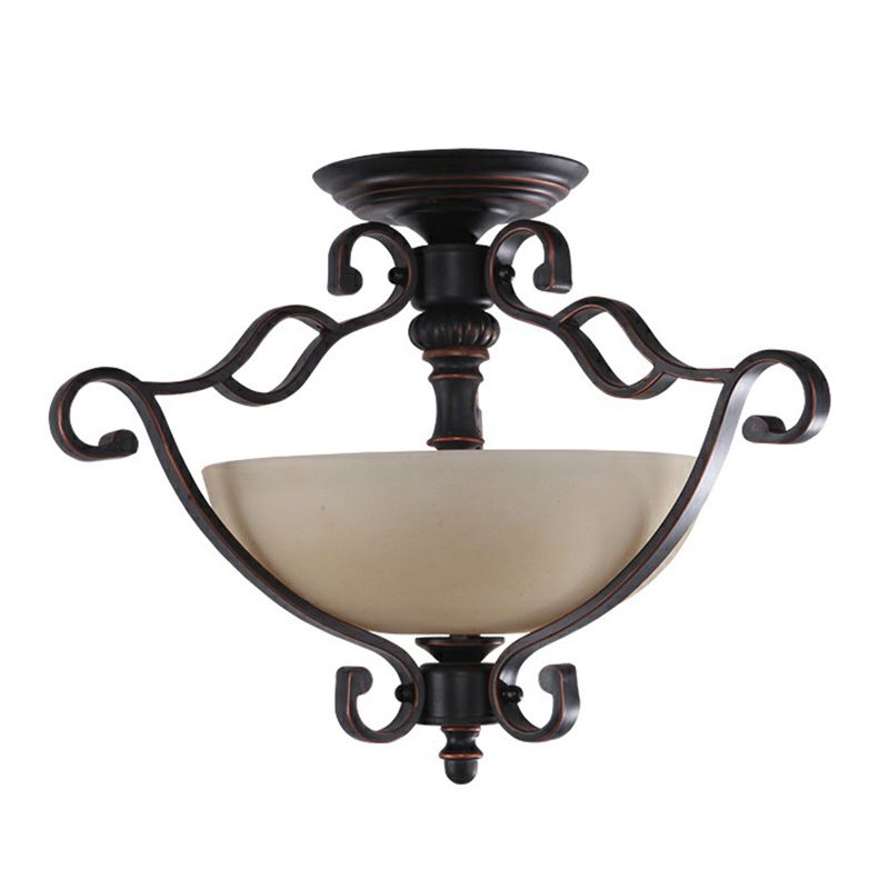 Copper Single Semi Flush Light Rustic Iron Scrolled Ceiling Flush Mount with Bowl Beige Glass Shade