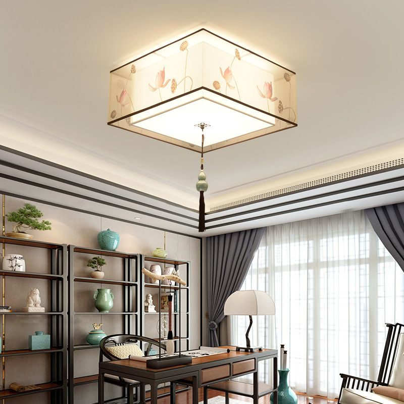 16" Wide 4 Lights Flush Mount Traditional Fabric Flush Ceiling Light in White for Bedroom