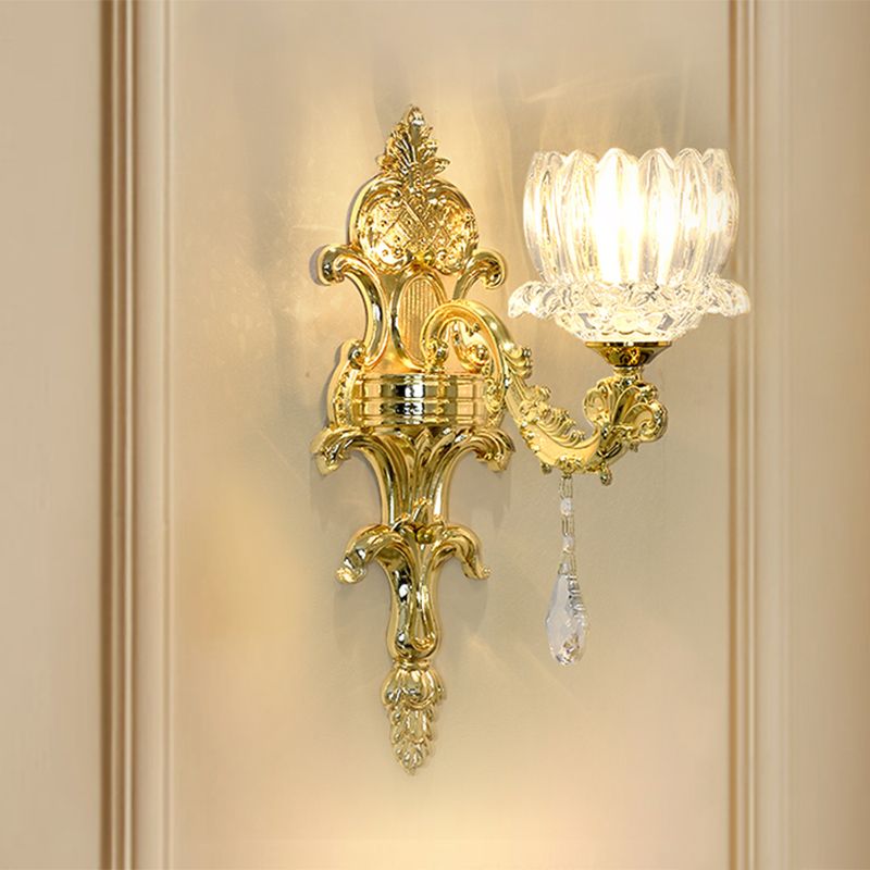 Clear Crystal Gold Wall Mount Light Lotus Shade 1/2-Head Mid Century Wall Lamp Sconce