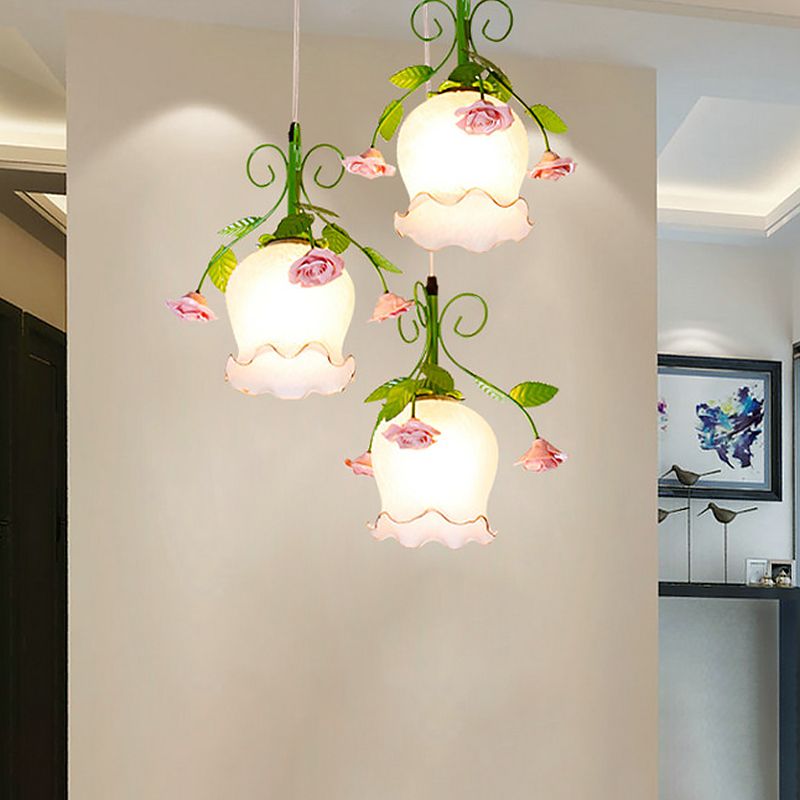 Opal Glass Ruffle Cluster Pendant Pastoral Style 3 Lights Dining Room Suspension Lamp in Green with Round/Linear Canopy
