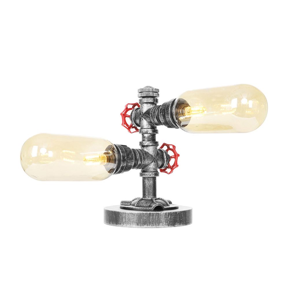 Lámpara de escritorio industrial de 2 luces con pantalla de cápsula de luz de mesa plateada antigua de vidrio transparente/ámbar para sala de estar