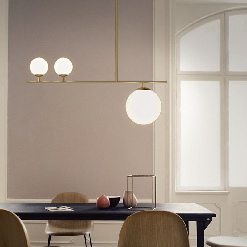 Brass Ball Pendant Light Minimalistic 3-Light Opal Glass Island Lighting for Dining Room