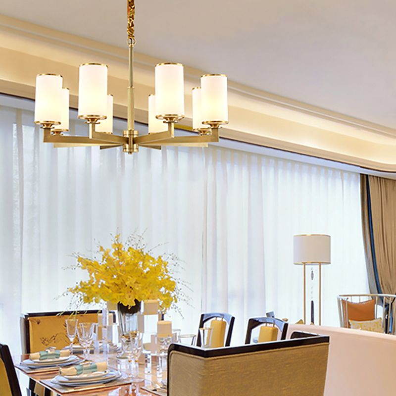 Traditional Brass Cylinder Chandelier Lamp Glass Shade Multi-light Hanging Light Fixtures