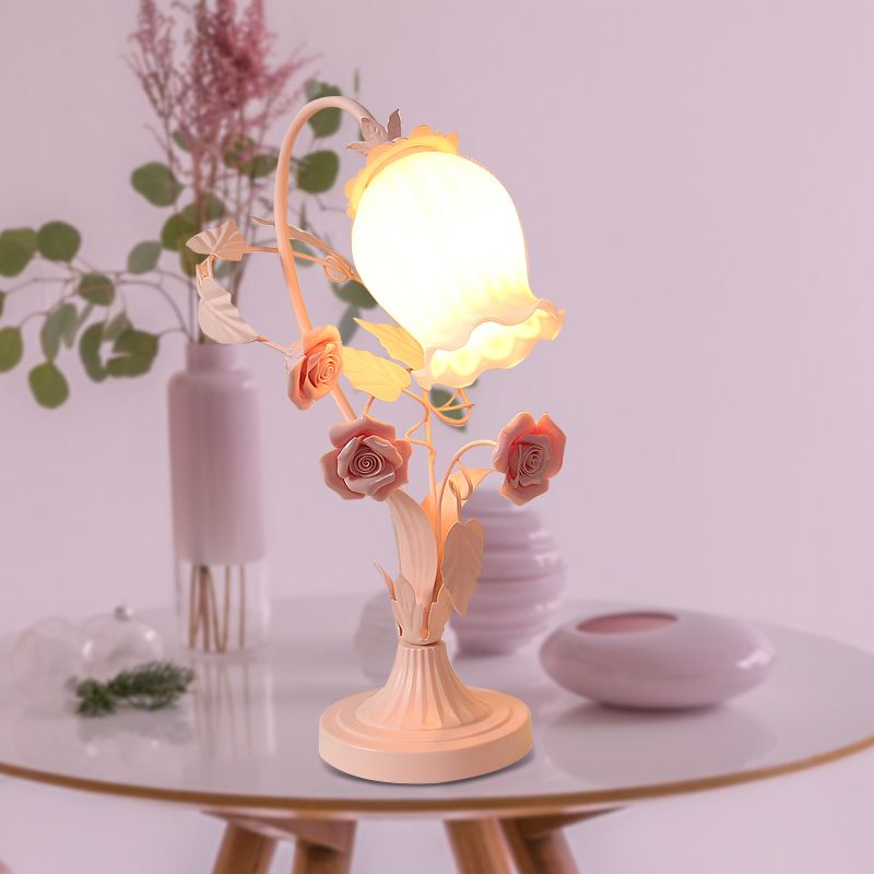 Scalloped Opal Glass Table Light Romantic Pastoral 1 Head Bedroom Night Lamp with Rose in Pink/Blue/White