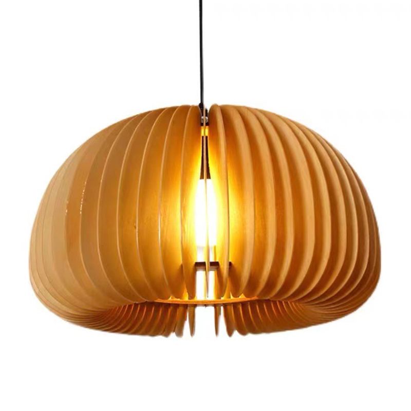 1 Light Pumpkin Shape Wooden Pendant Light Modern Style Living Room Hanging Lamp Fixture