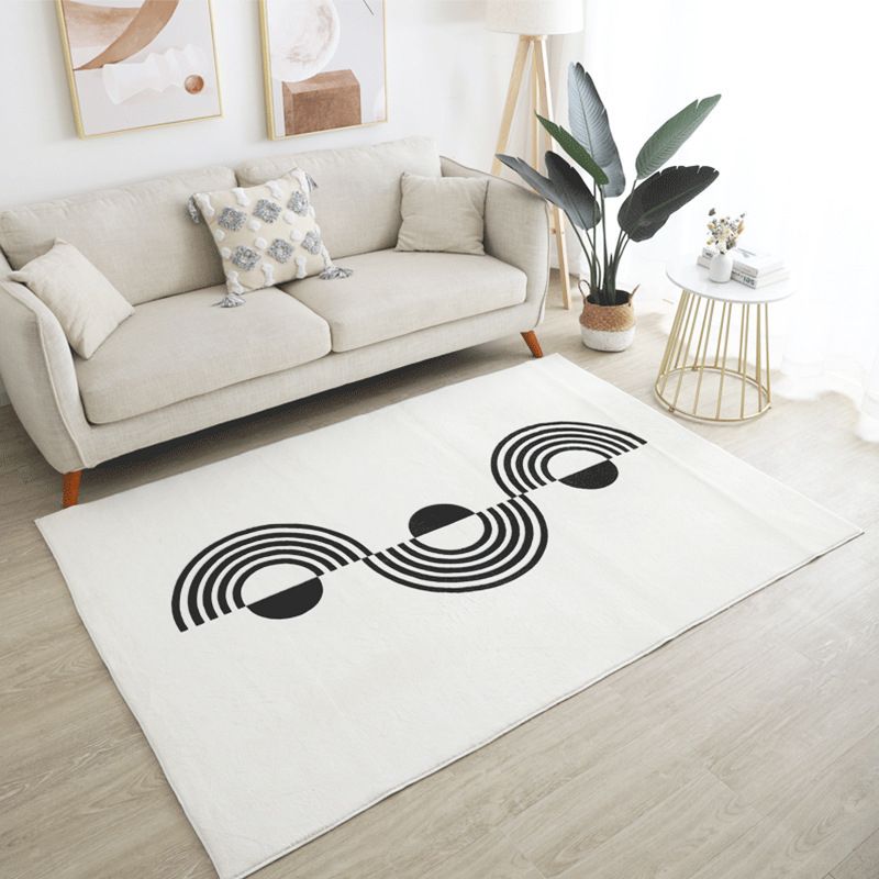 White Modern Rug Polyester Line Area Rug Stain Resistant Rug for Living Room