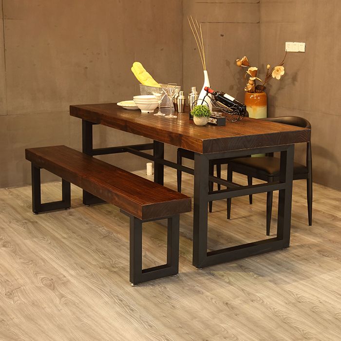 Industrial Style Solid Wood Dining Table Brown Rectangle Table with Trestle Base for Dinning Room