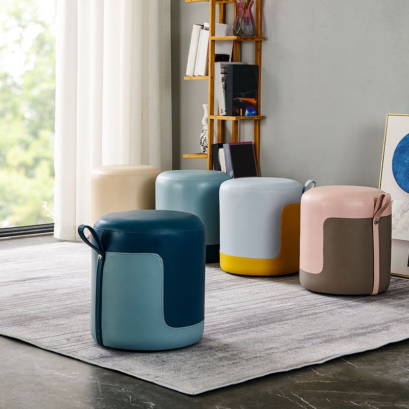 Faux Leather Pouf Round Patchwork Water Resistant Contemporary Pouf Ottoman