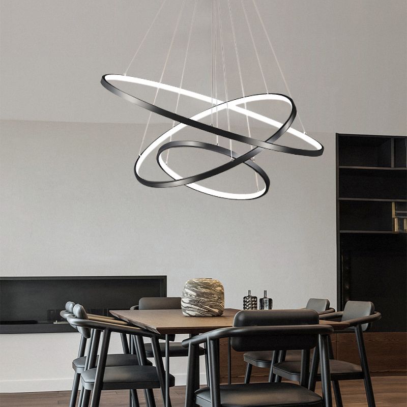 Height Adjustable Ring LED Pendant Lighting Simplicity Metal Black Chandelier for Dining Room