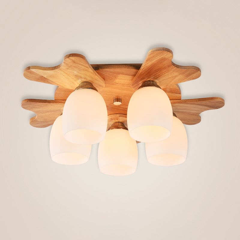 Cream Glass Bell Flush Ceiling Light Nordic 1/5/7-Head Semi Mount Lighting with Antler Top in Wood