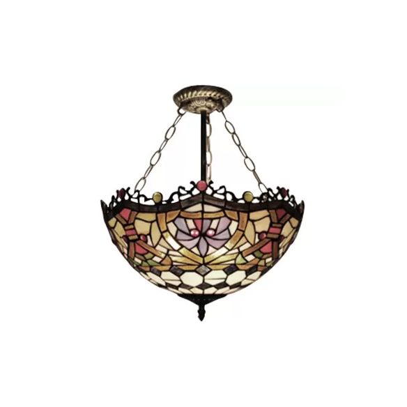 12"/16" Wide Victorian Design Bowl Ceiling Fixture Tiffany Style Stained Glass Semi Flush Mount Light in Red/Purple/Brass/Orange-Blue/Orange-Purple for Villa