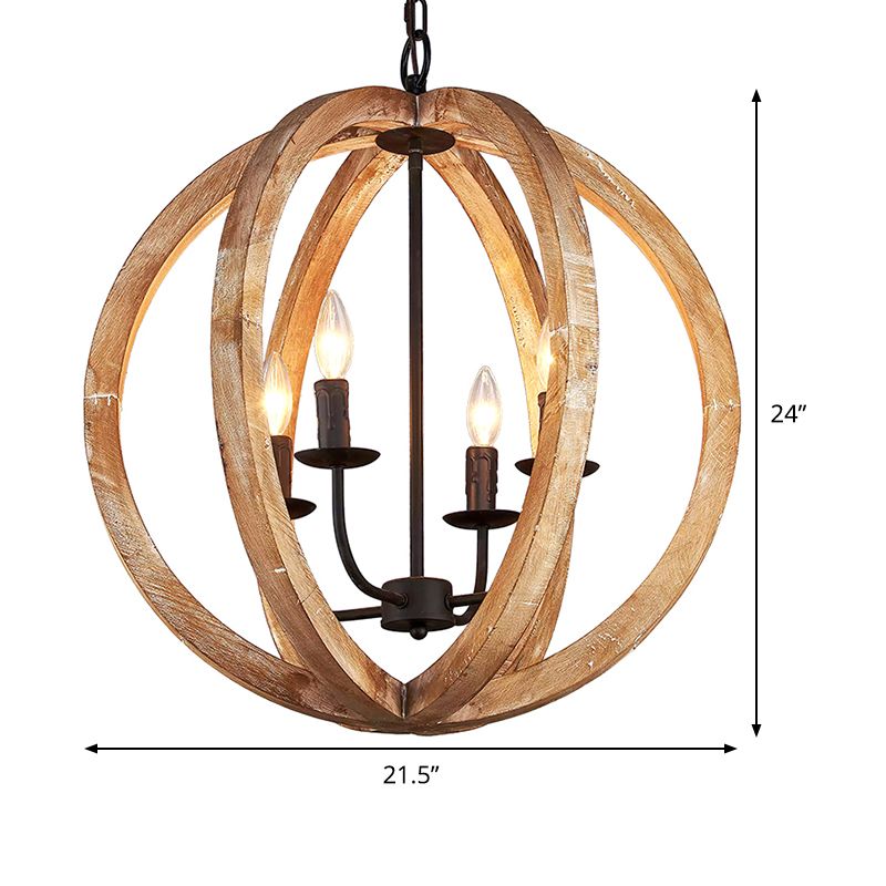 Sphere Chandelier Lamp Nordic Wood 4 Heads Beige Pendant Lighting Fixture for Restaurant