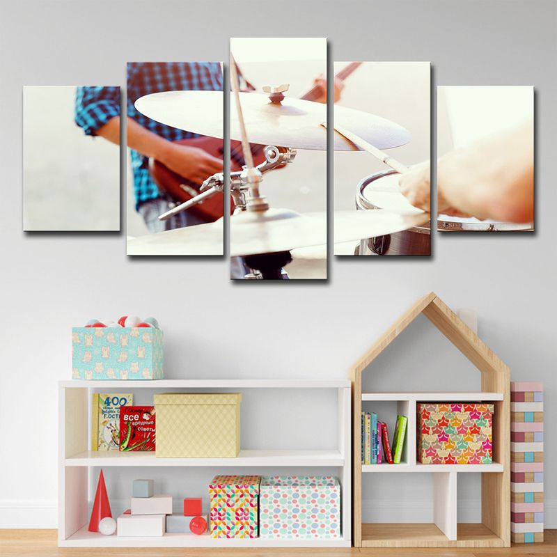 Modern Drum Beats Canvas Print White Musical Wall Art for Bedroom, Multi-Piece