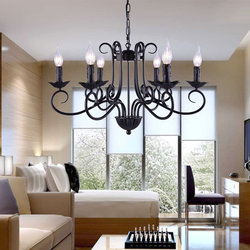Chandelier de plafond de bougie traditionnelle 6 têtes Kit de lumière suspendue en métal en noir pour le salon