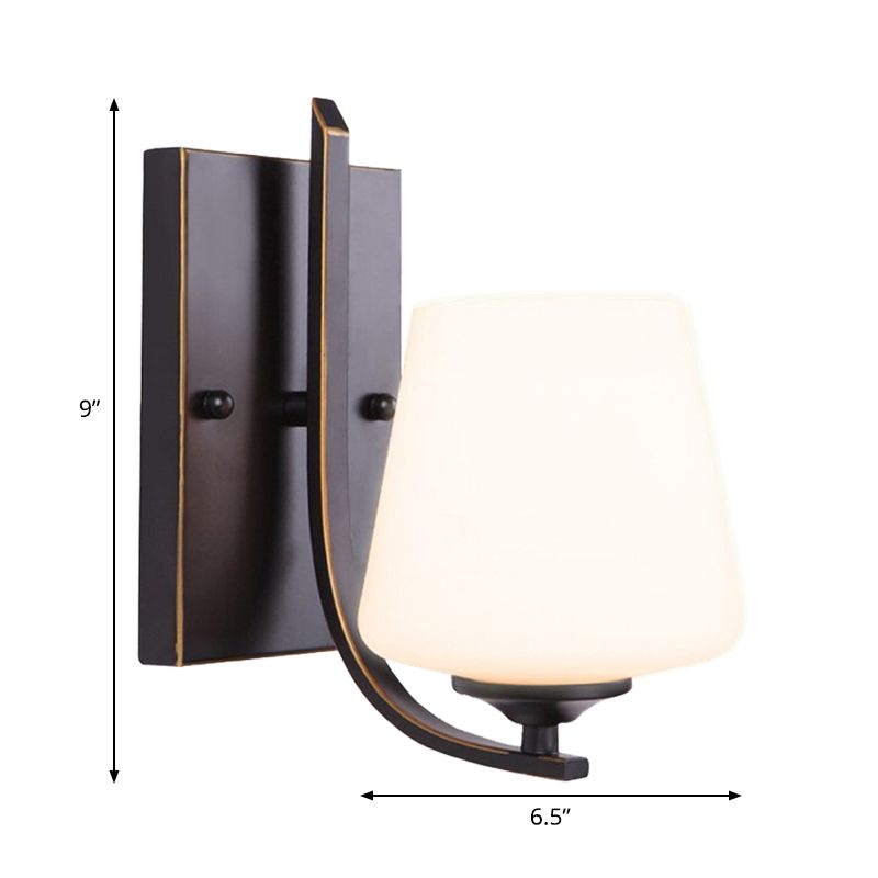 White Glass Black Sconce Lamp Cup-Like Single Bulb Retro Style Wall Mounted Lighting with Rectangle Metal Backplate