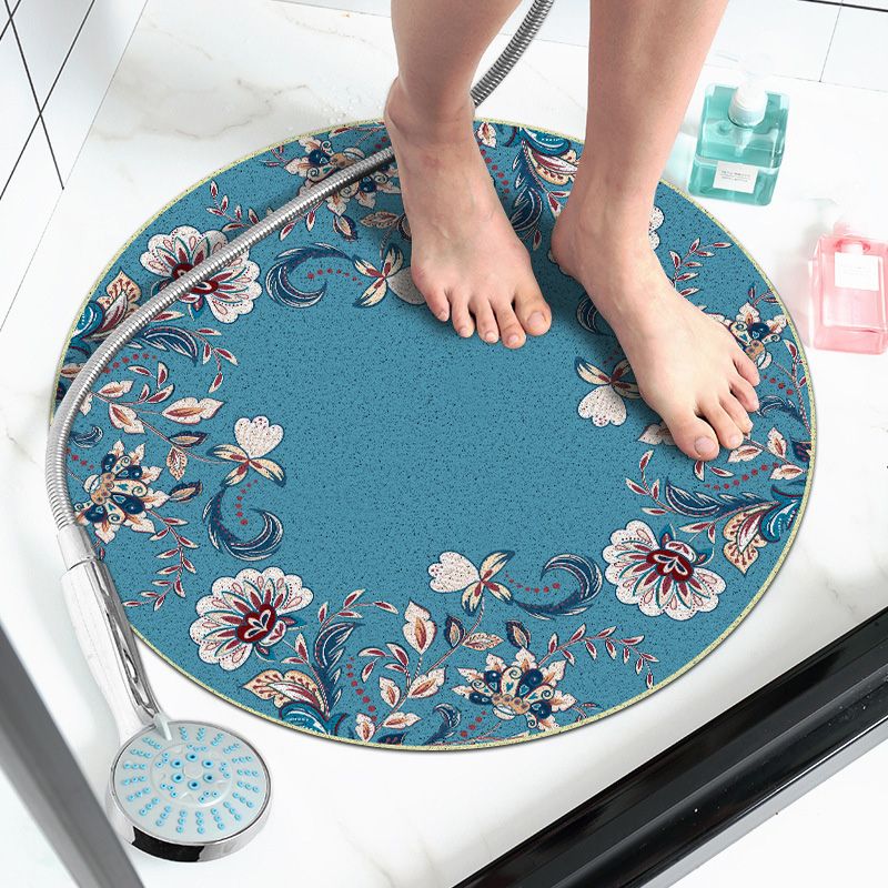 Round Blue Tone Simple Indoor Rug Polyester Floral Print Rug Non-Slip Backing Indoor Rug for Living Room