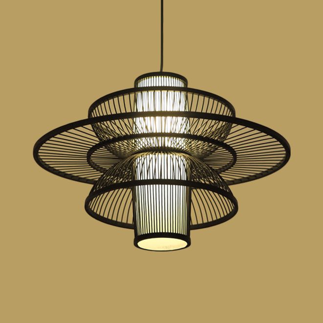 Lotusförmiger Anhängerlampe Asiatischer Stil Bambus 16 "/19.5" W 1 Hellschwarz/beige hängende Beleuchtung für das Restaurant