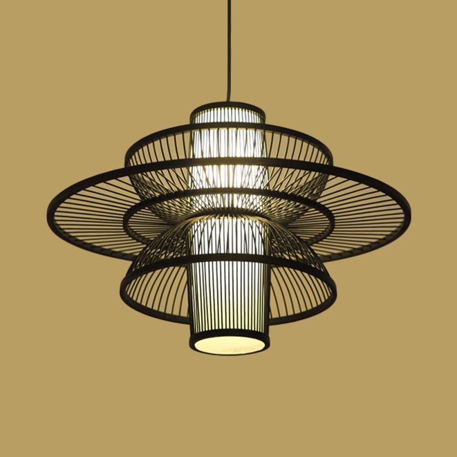 Lotus-Shaped Pendant Lamp Asian Style Bamboo 16"/19.5" W 1 Light Black/Beige Hanging Lighting for Restaurant