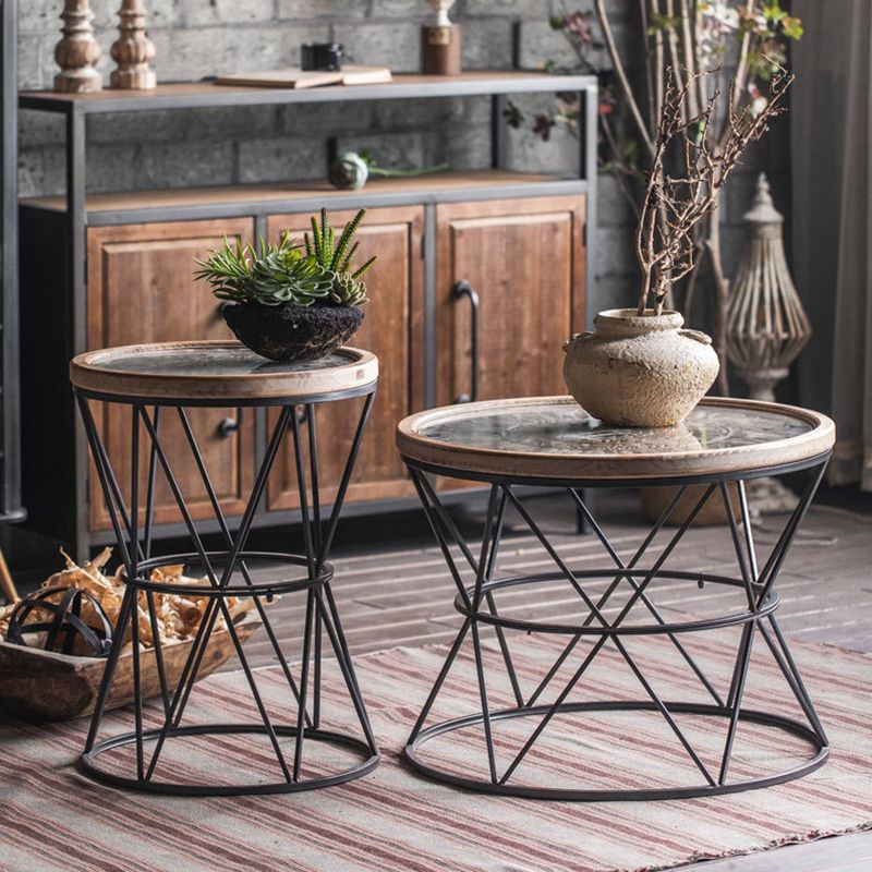 Round Tray Top Side Table Rustic Wood and Metal Side End Snack Table
